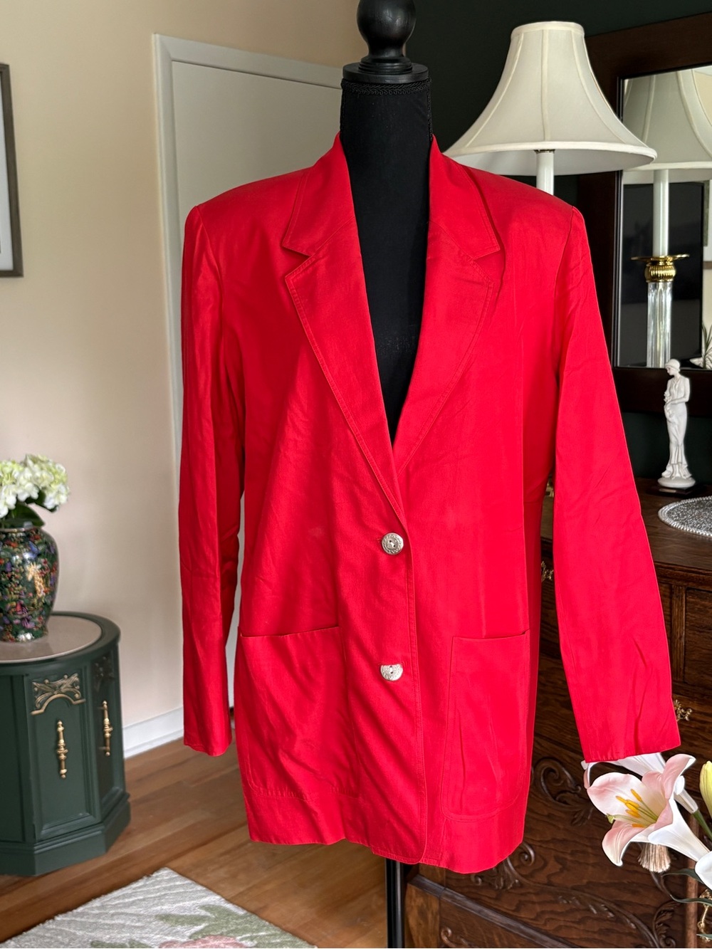 Vintage August Silk Red Blazer Jacket Silk Cotton Blend Slouchy Boyfriend Size 8